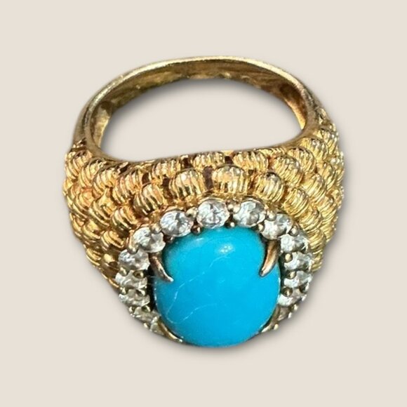 Vintage Signed 925 Turquoises Vermeil Gemstone Ring Size 6.5 - Picture 3 of 9